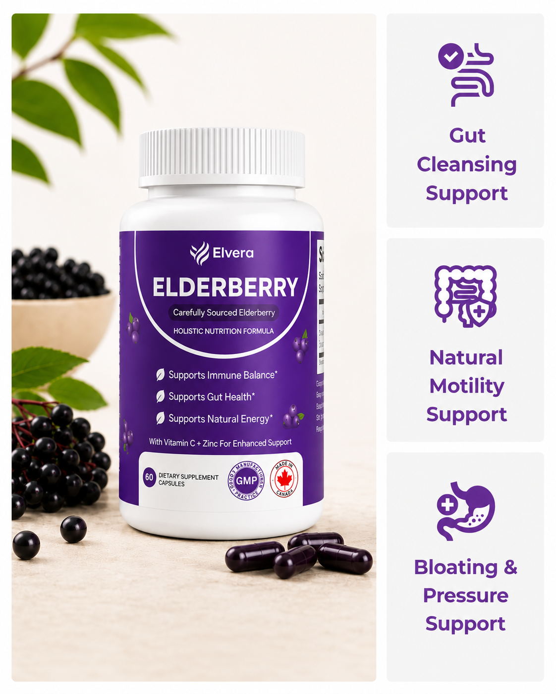 Elvera Gut Support Complex with Elderberry, Zinc & Vitamin C