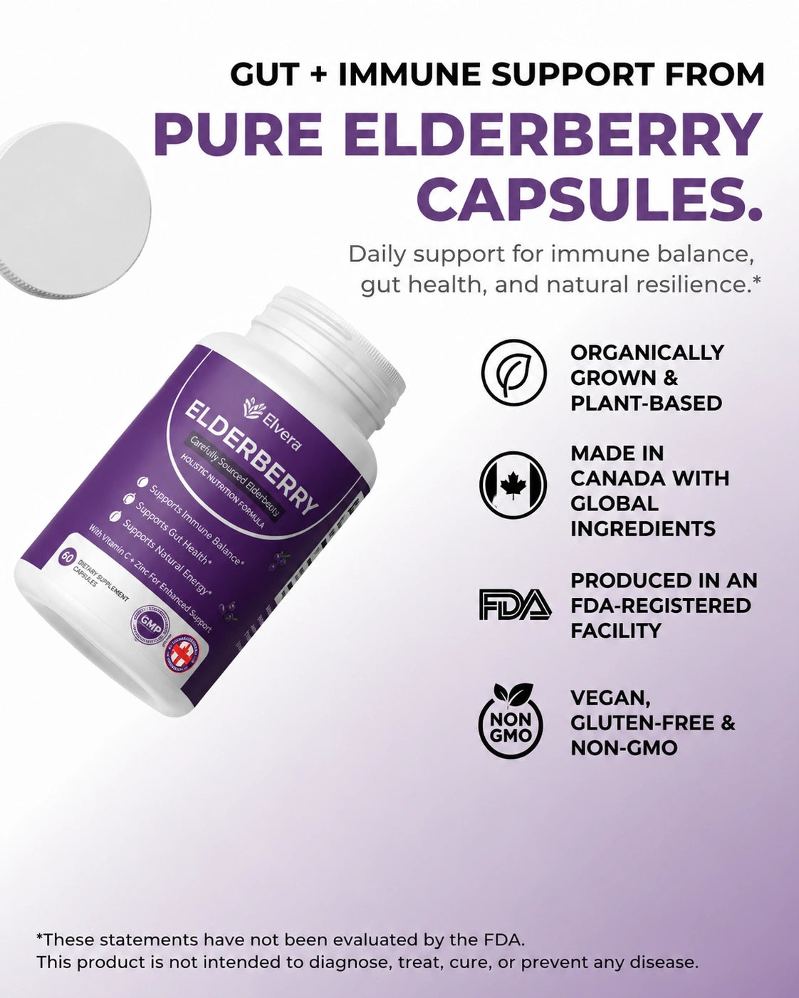 Elvera Gut Support Complex with Elderberry, Zinc & Vitamin C